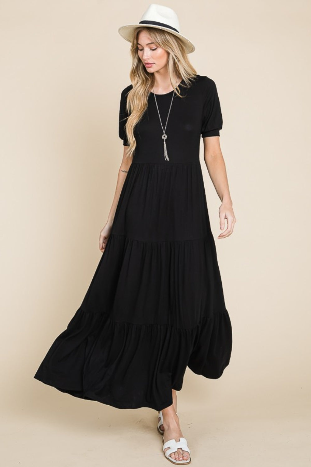 BOMBOM Short Sleeve Tiered Maxi Dress - JH2 DESIGNS