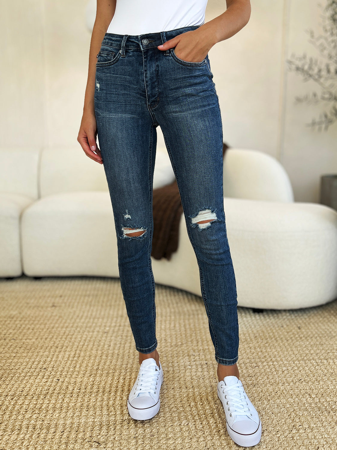 Judy Blue Mid Waist Distressed Slim Jeans - JH2 DESIGNS