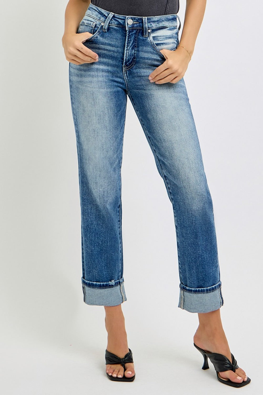 RISEN High Rise Crop Straight Roll Up Jeans - JH2 DESIGNS