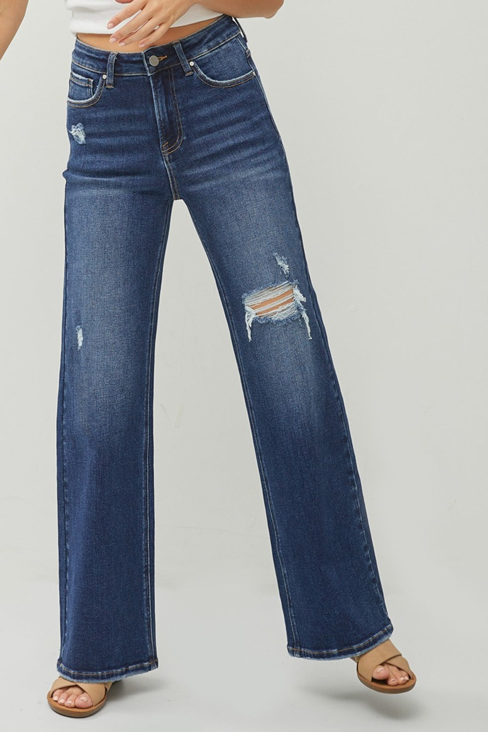 RISEN High Rise Distressed Wide Leg Jeans - JH2 DESIGNS