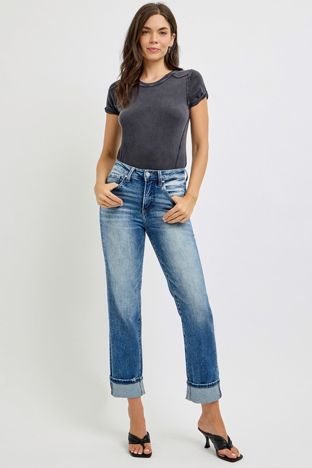 RISEN High Rise Crop Straight Roll Up Jeans - JH2 DESIGNS