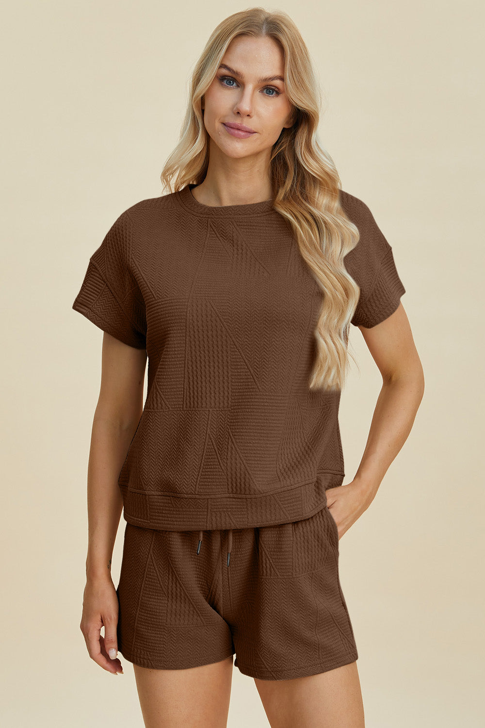 Double Take Textured Short Sleeve Top and Shorts Set