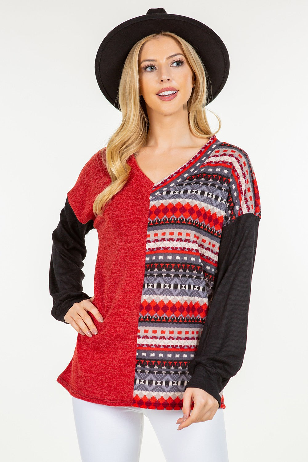 Celeste Contrast V-Neck Long Sleeve Blouse