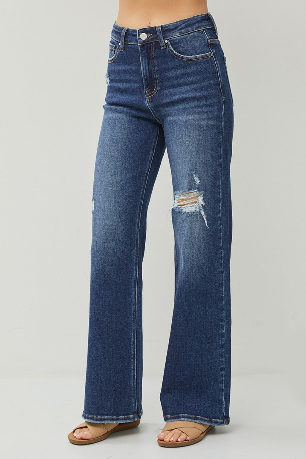 RISEN High Rise Distressed Wide Leg Jeans - JH2 DESIGNS
