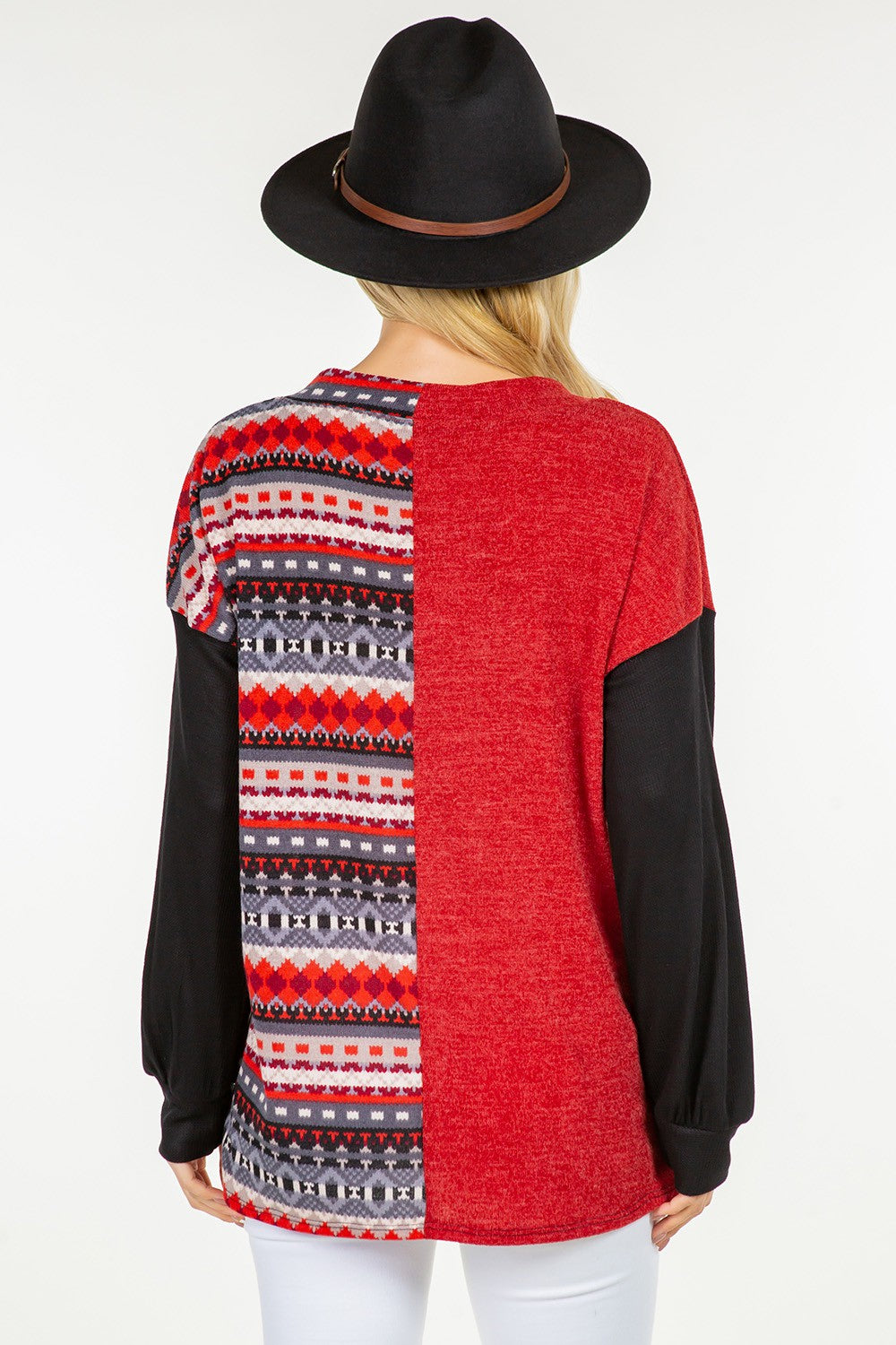 Celeste Contrast V-Neck Long Sleeve Blouse