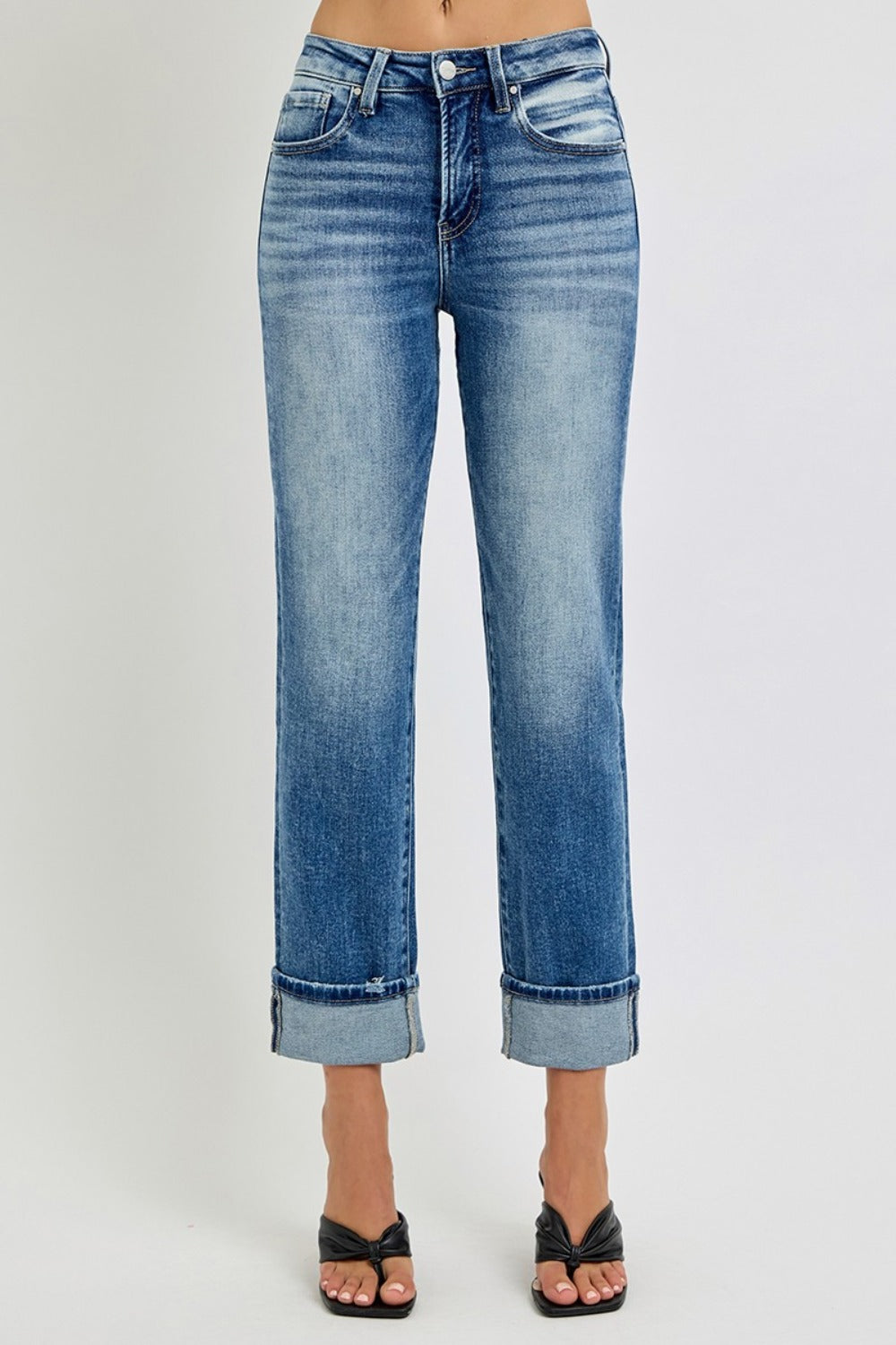 RISEN High Rise Crop Straight Roll Up Jeans - JH2 DESIGNS