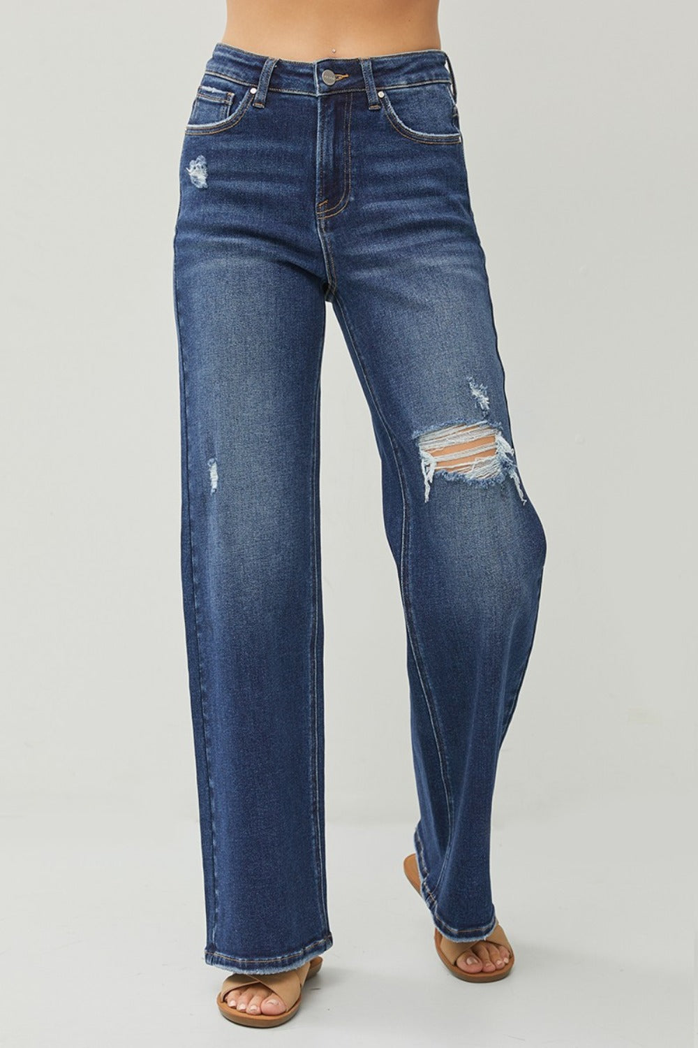 RISEN High Rise Distressed Wide Leg Jeans - JH2 DESIGNS
