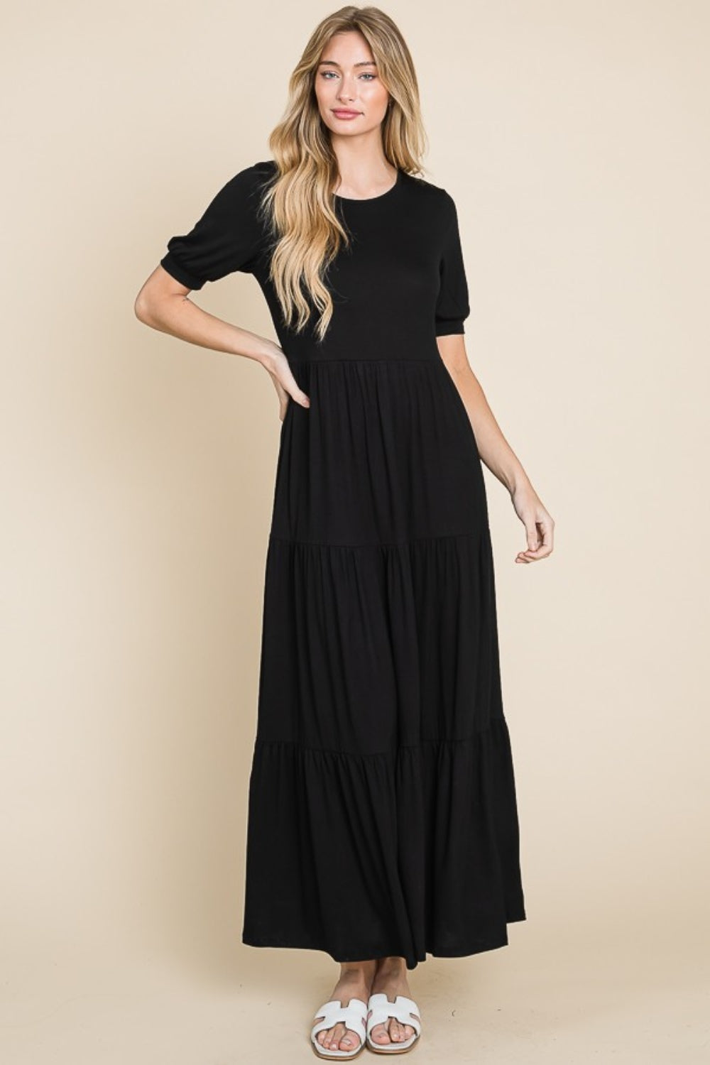 BOMBOM Short Sleeve Tiered Maxi Dress - JH2 DESIGNS