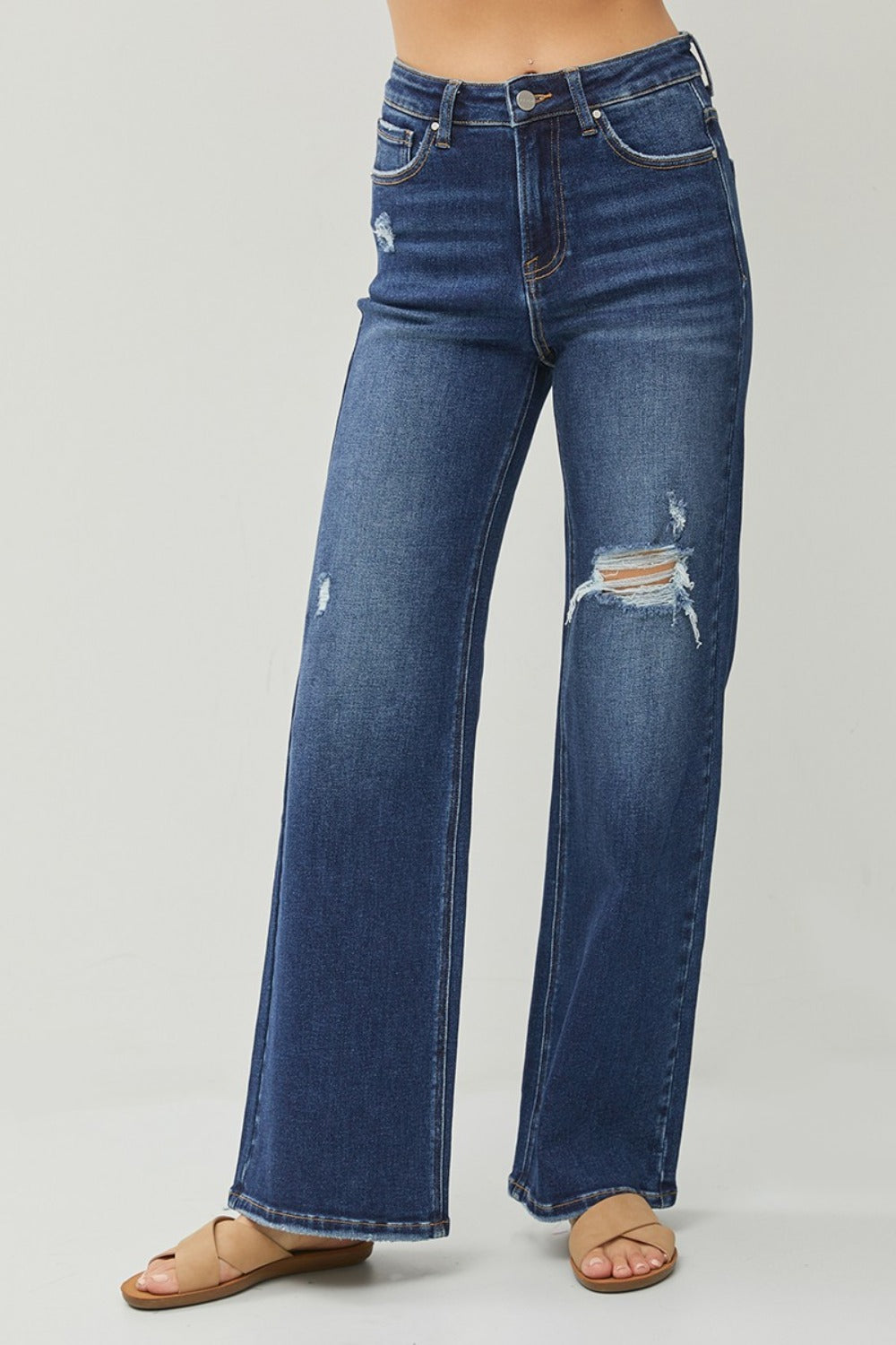 RISEN High Rise Distressed Wide Leg Jeans - JH2 DESIGNS