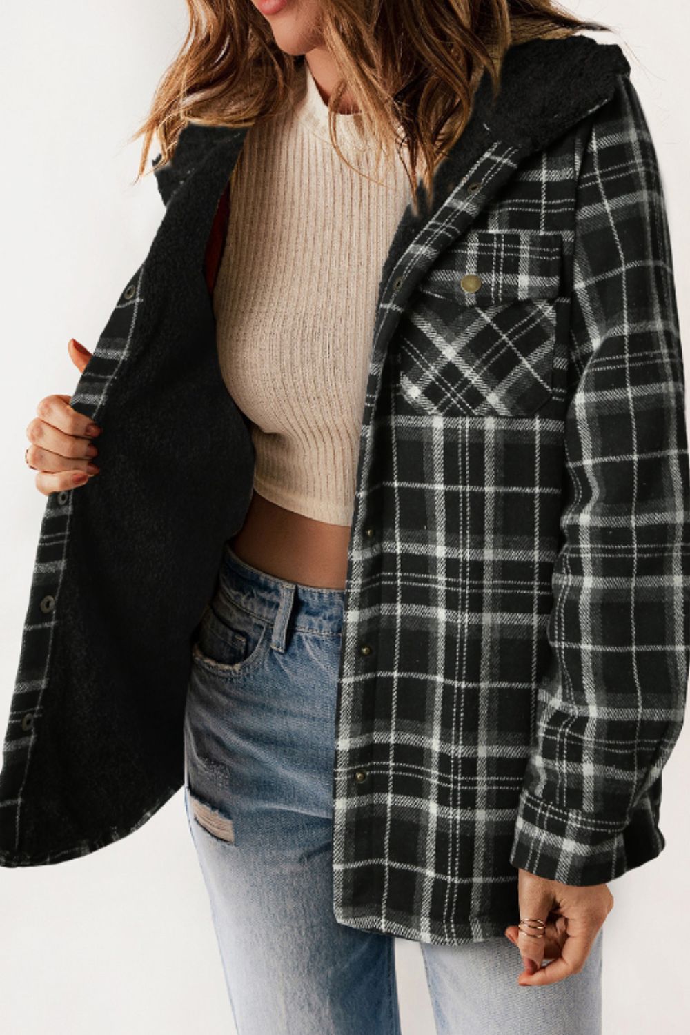 Plaid Button Up Long Sleeve Hooded Jacket - JH2 DESIGNS