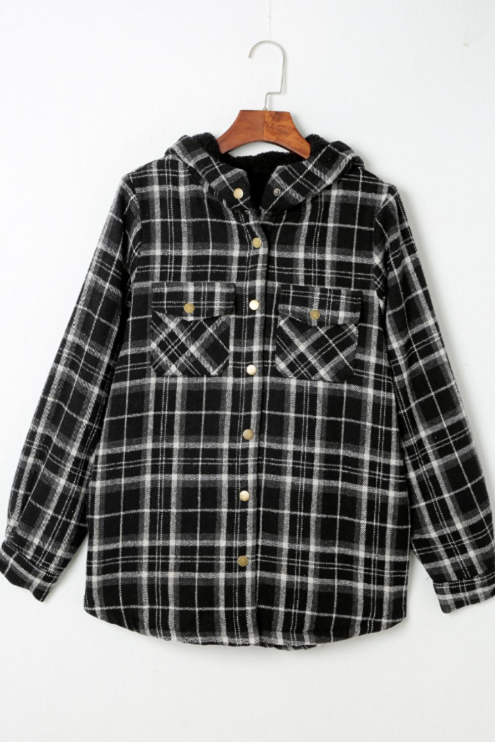 Plaid Button Up Long Sleeve Hooded Jacket - JH2 DESIGNS