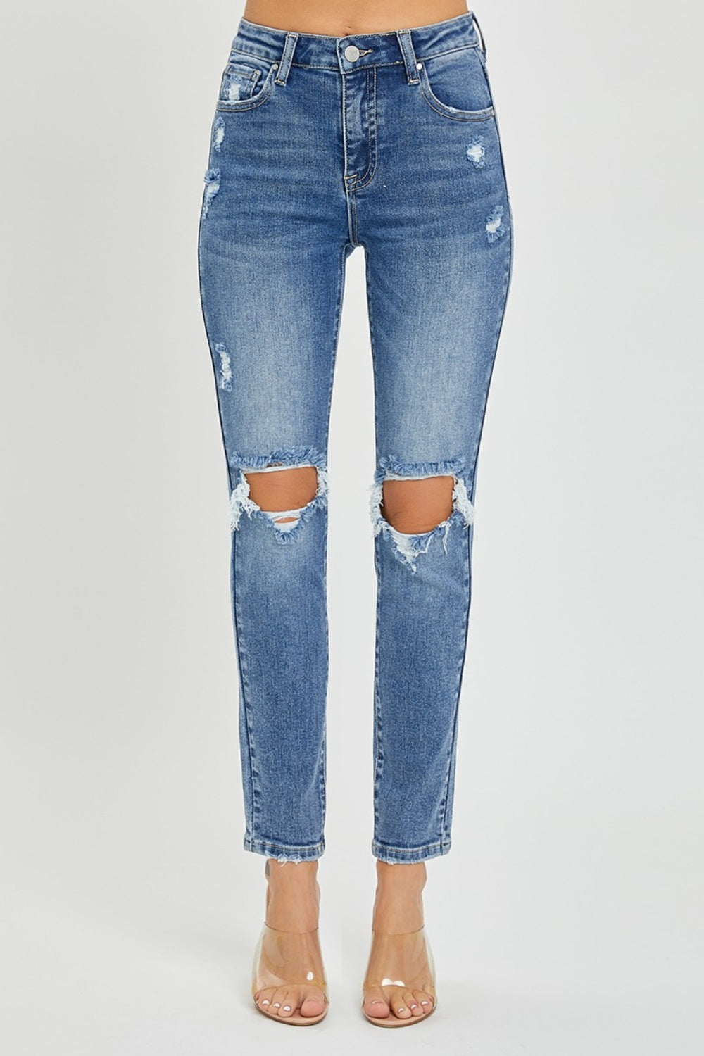 Risen High Rise Distressed Skinny Jeans