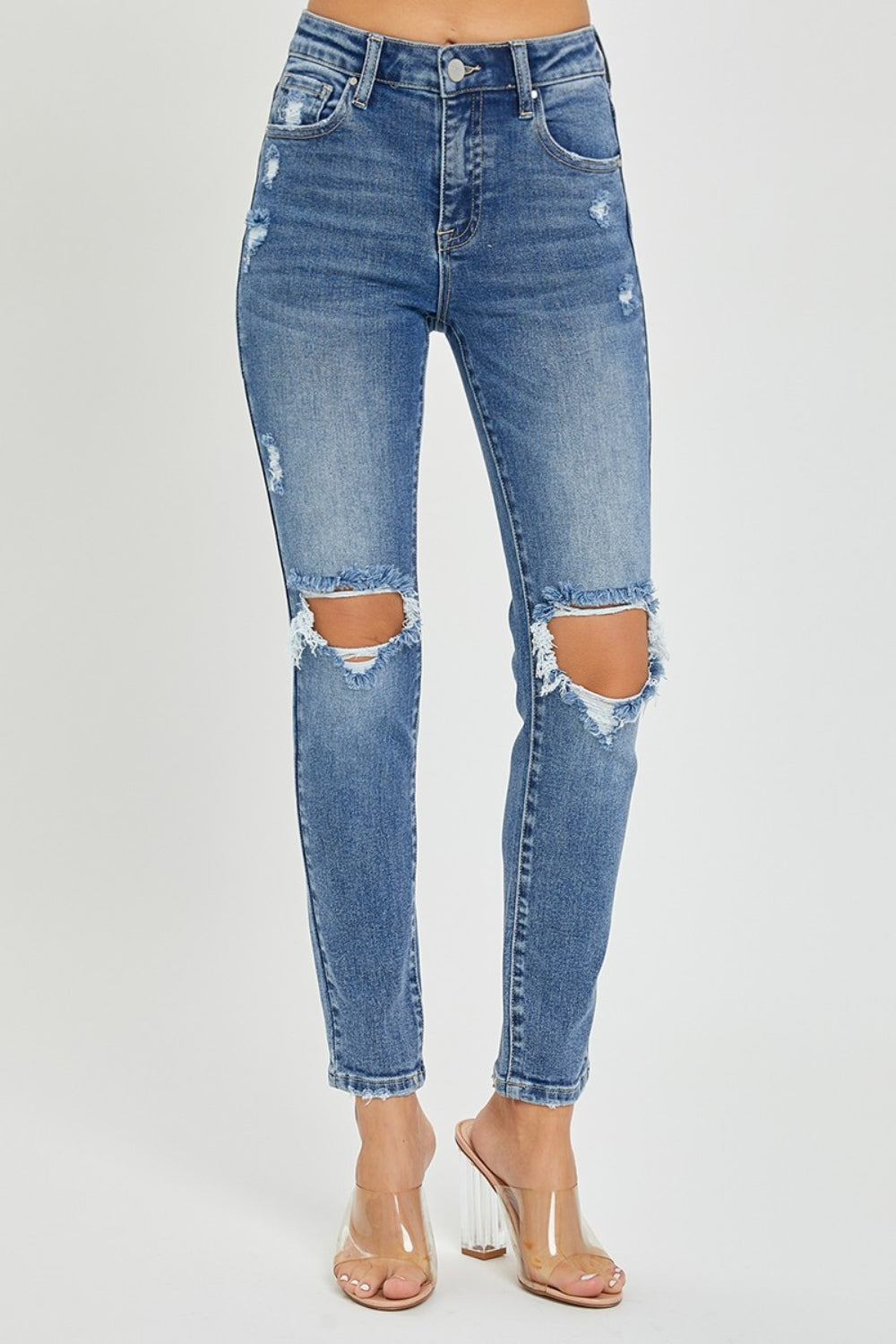 Risen High Rise Distressed Skinny Jeans