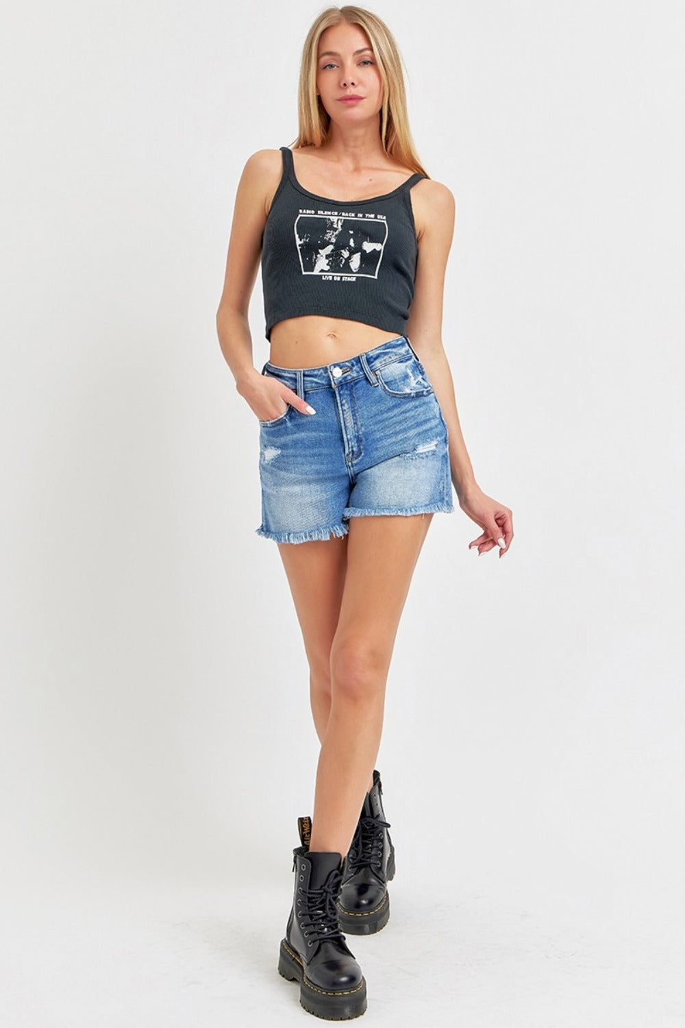 RISEN High Rise Distressed Denim Shorts