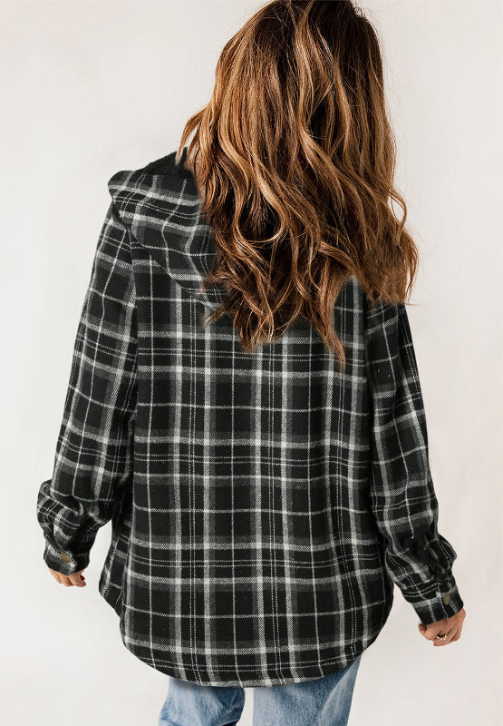 Plaid Button Up Long Sleeve Hooded Jacket - JH2 DESIGNS