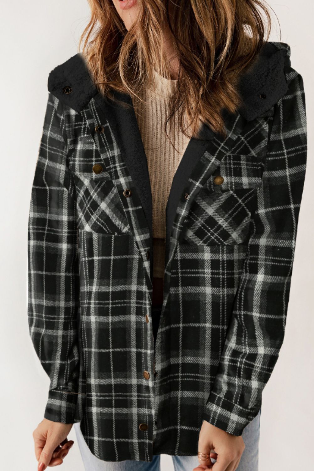 Plaid Button Up Long Sleeve Hooded Jacket - JH2 DESIGNS