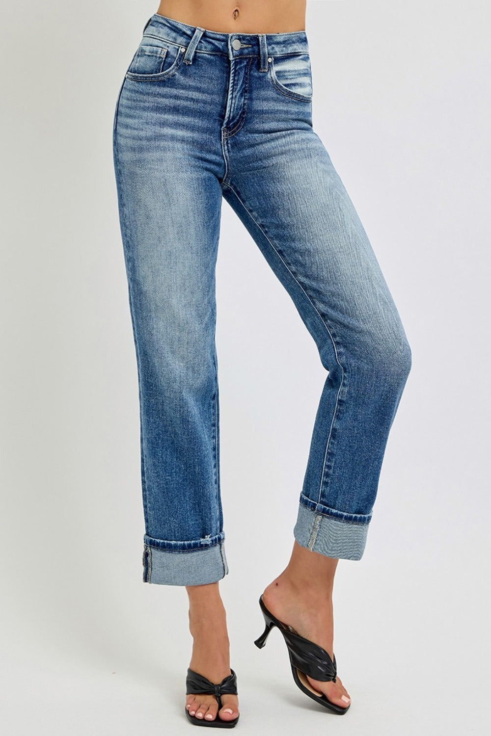 RISEN High Rise Crop Straight Roll Up Jeans - JH2 DESIGNS