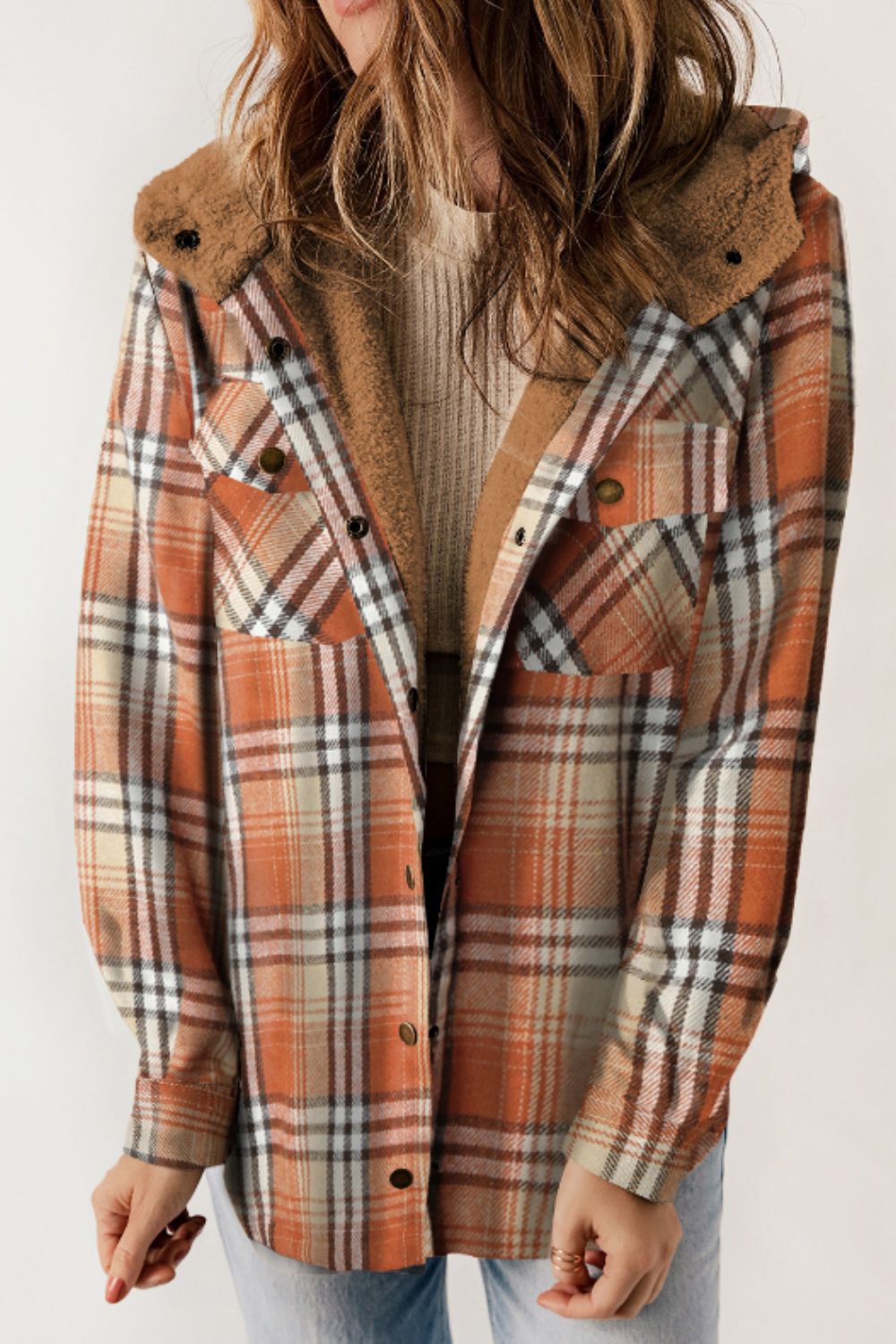 Plaid Button Up Long Sleeve Hooded Jacket - JH2 DESIGNS