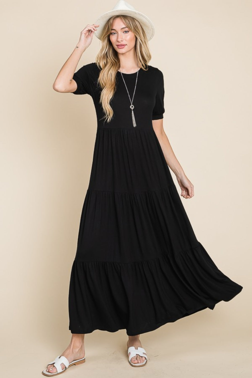 BOMBOM Short Sleeve Tiered Maxi Dress - JH2 DESIGNS