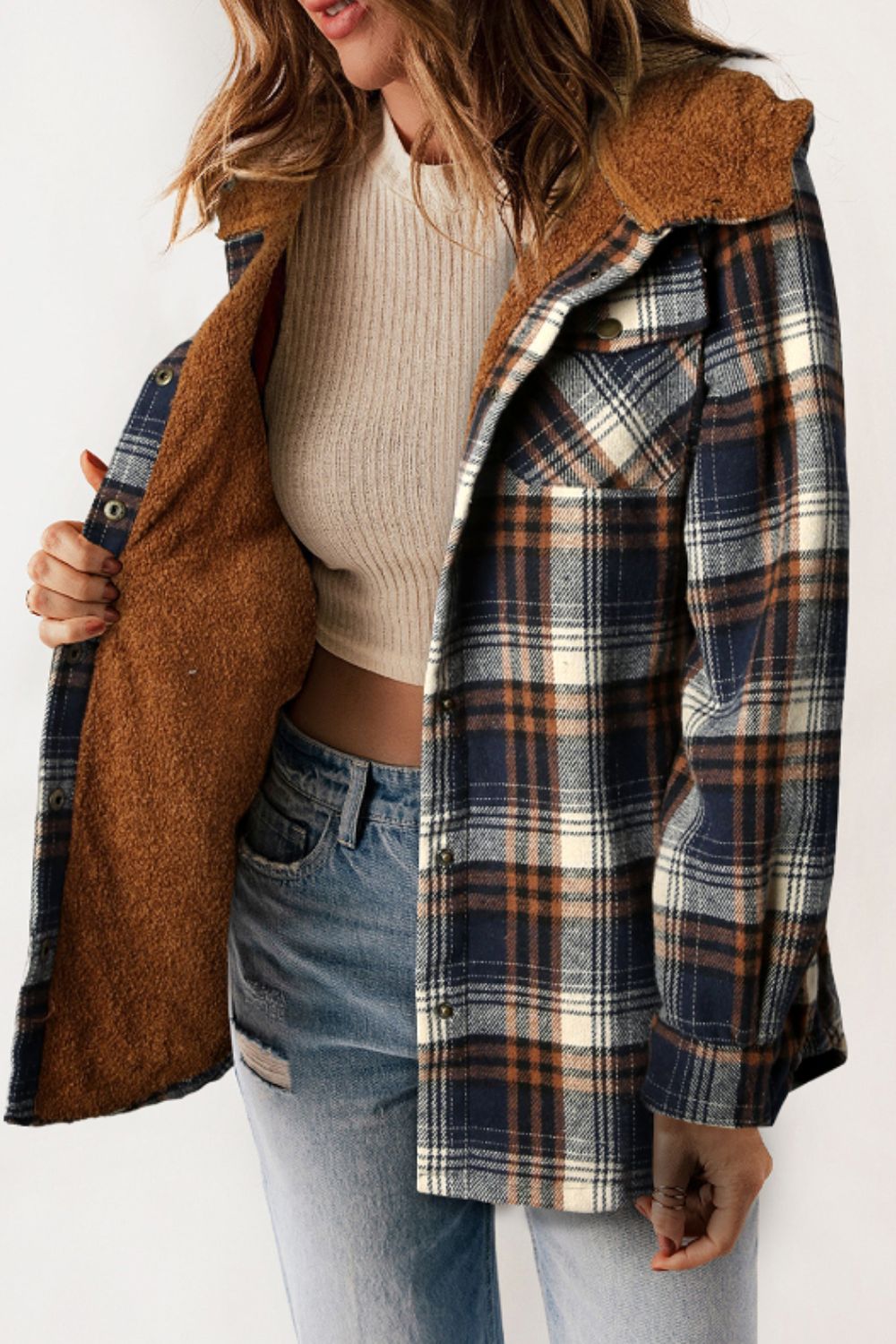 Plaid Button Up Long Sleeve Hooded Jacket - JH2 DESIGNS