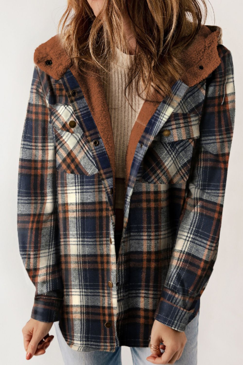 Plaid Button Up Long Sleeve Hooded Jacket - JH2 DESIGNS
