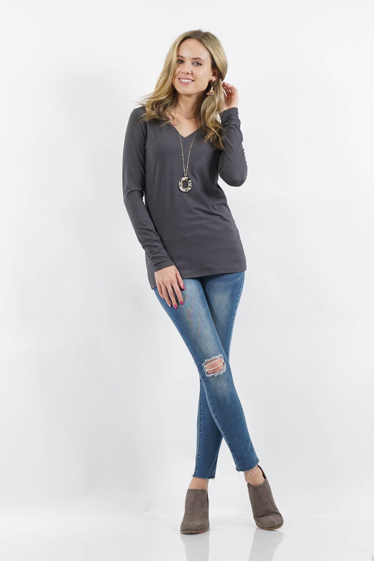 SI-24850 BRUSHED MICROFIBER LONG SLEEVE V-NECK TEE - JH2 DESIGNS