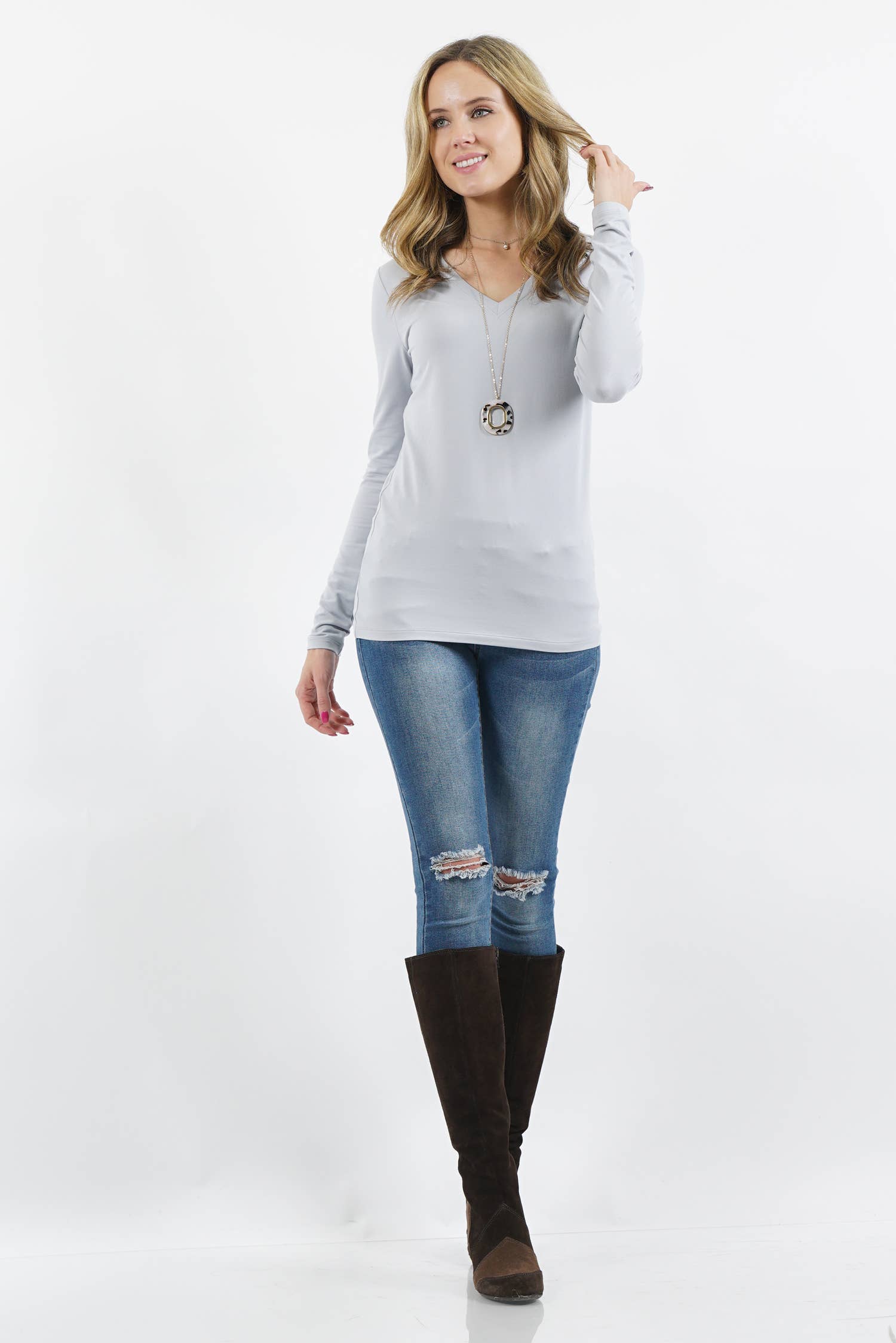 SI-24850 BRUSHED MICROFIBER LONG SLEEVE V-NECK TEE - JH2 DESIGNS